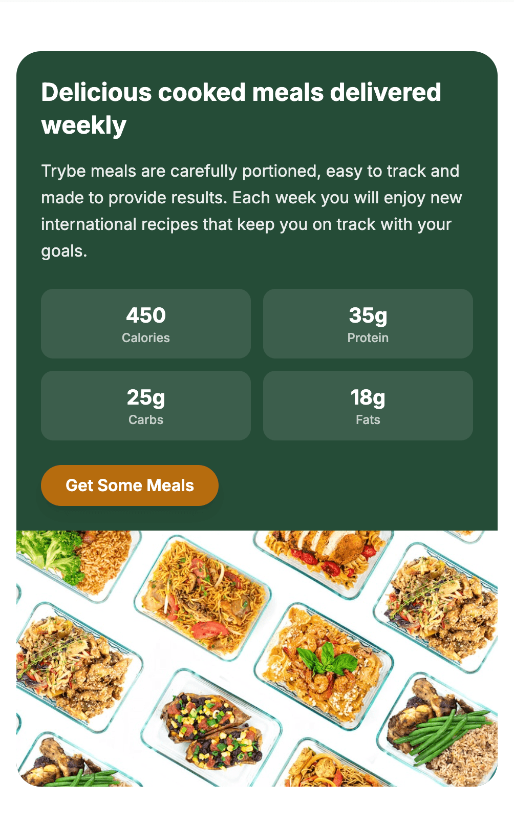 Trybe screen: weekly meals, with calories, protein, carbs, and fats.