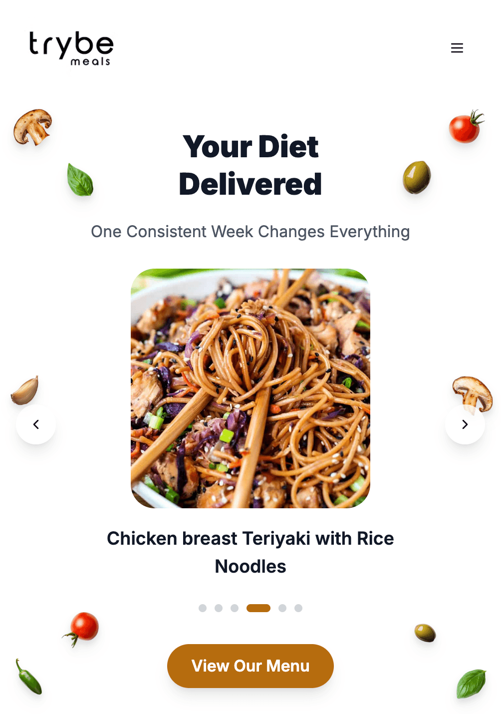 Trybe screen: Your Diet Delivered, with a noodle dish and View Our Menu.