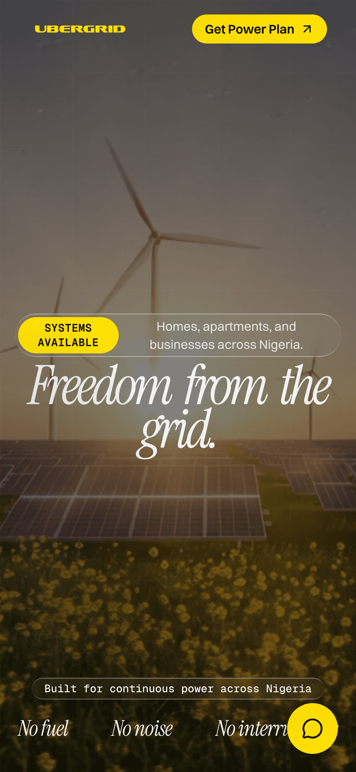Ubergrid mobile hero: solar panels and the line Freedom from the grid.