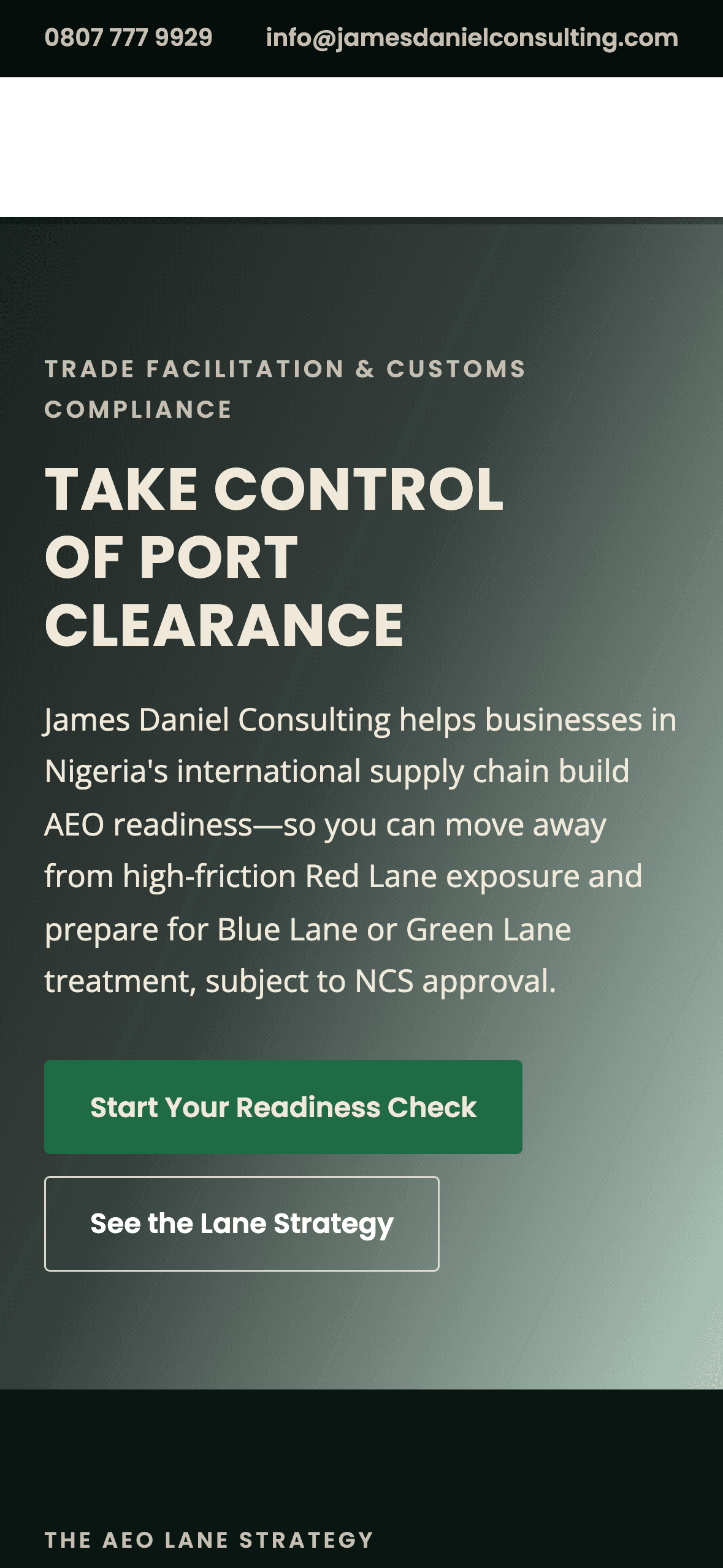 James Daniel Consulting hero: Take Control of Port Clearance, over a photograph of shipping containers.