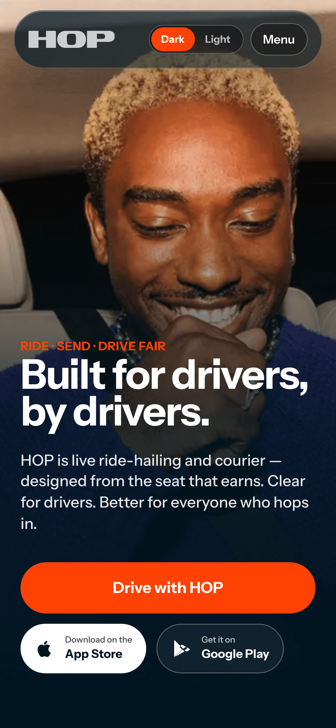 Hop home: Ride, send, drive fair, and Built for drivers, by drivers.
