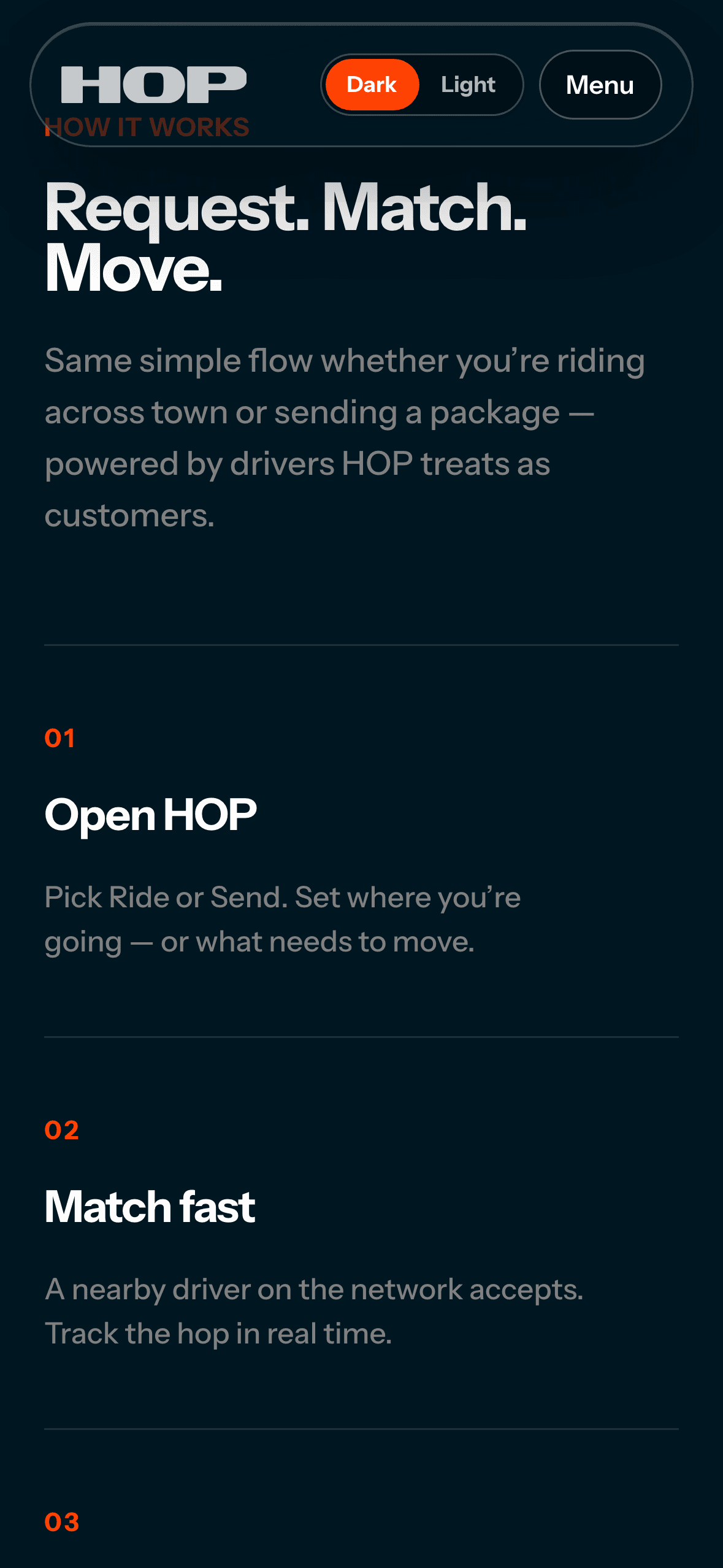 Hop how it works: Request, match, move.