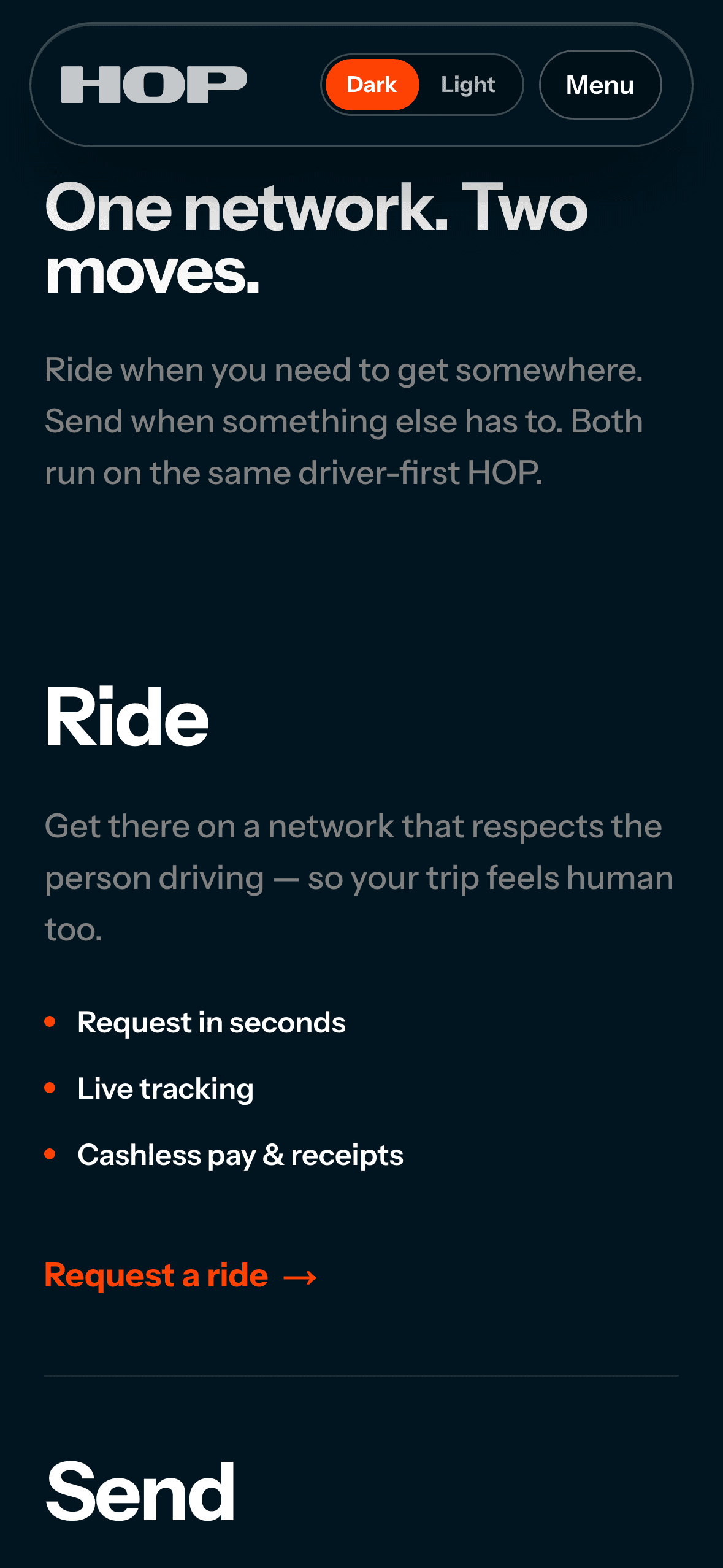 Hop network: one network, two moves, ride and send.