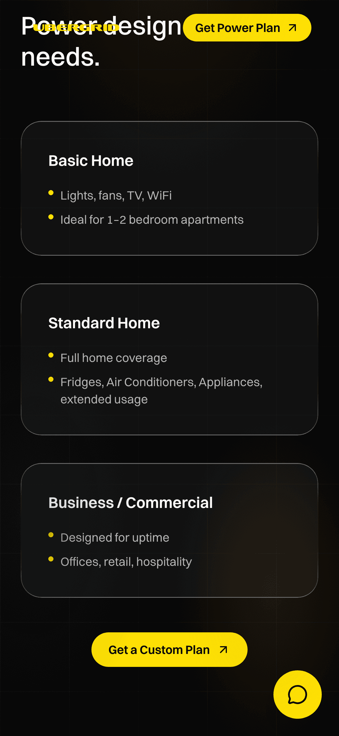 Ubergrid system packages: Basic Home, Standard Home, and Business.